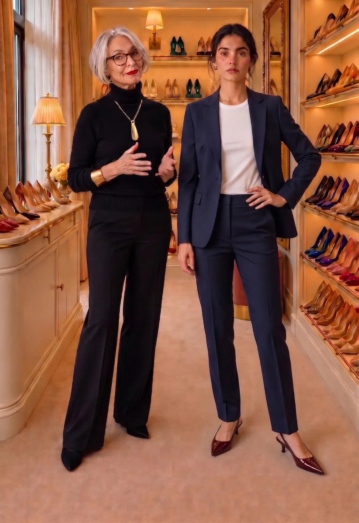 Burgundy patent slingback pumps under a navy trouser suit