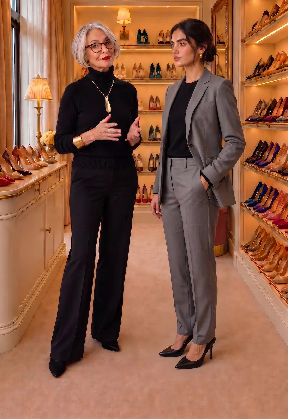 Black pointed pumps under a grey trouser suit