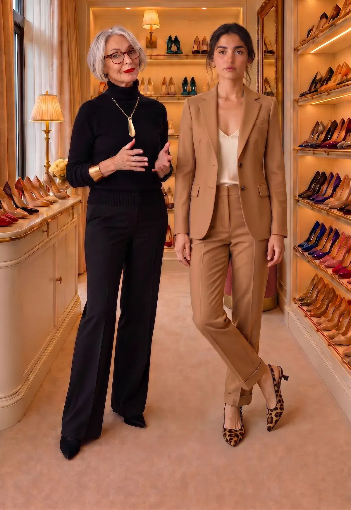 Leopard-print slingback kitten heels under a camel trouser suit