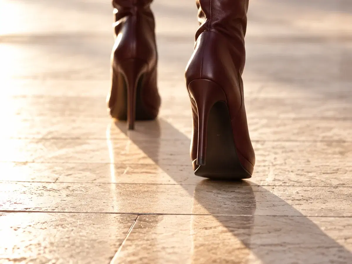 A pair of burgundy stiletto knee-high boots walking away across warm stone