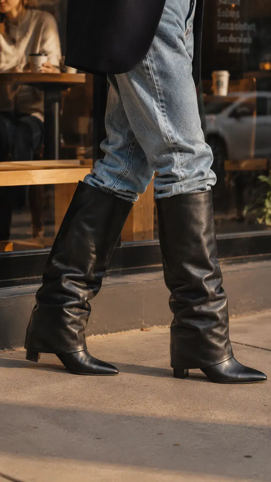 Fold-over slouchy black knee-high boots styled with light-wash jeans on a city sidewalk