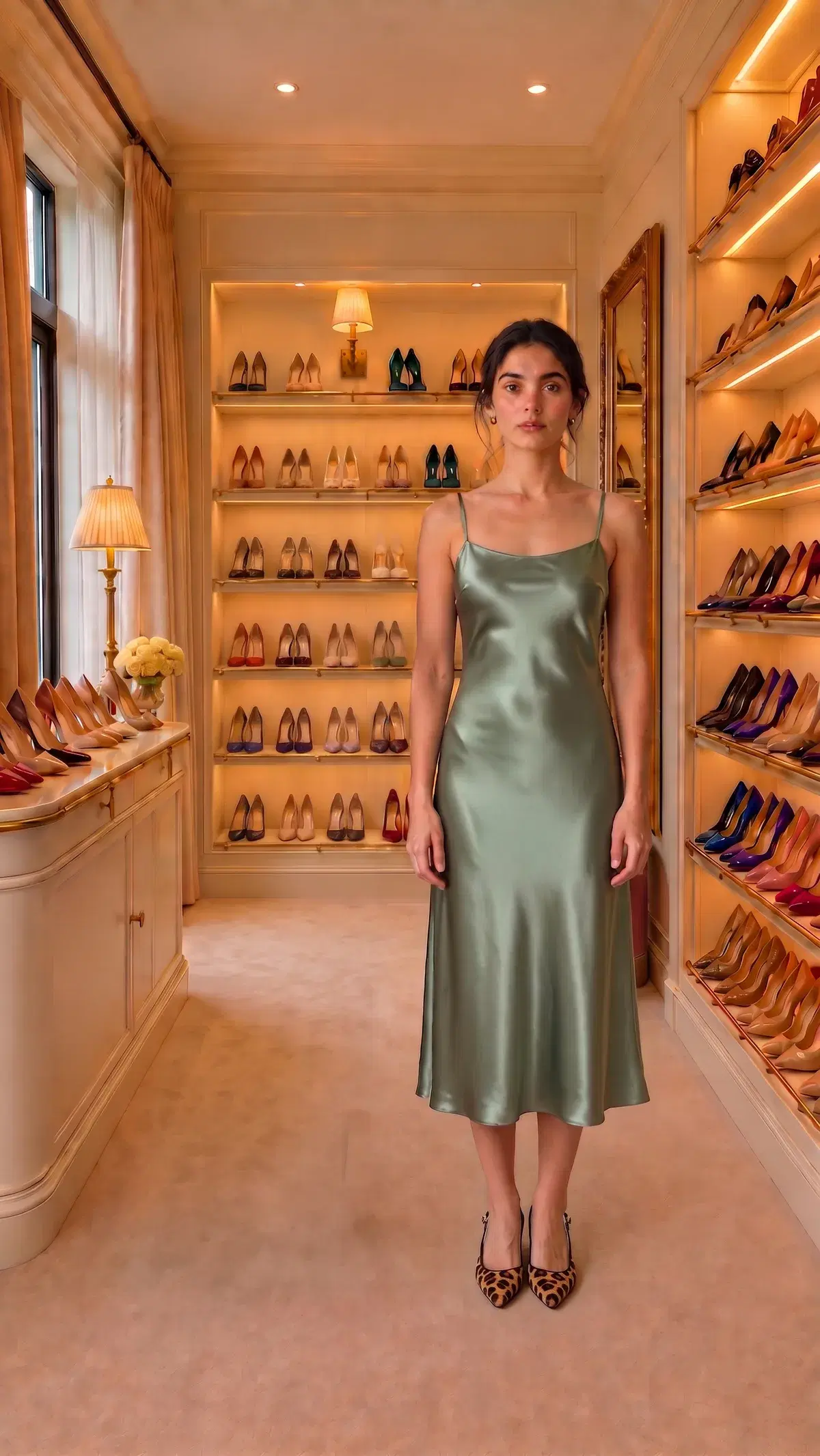 Sage satin slip dress with leopard-print slingback kitten heels