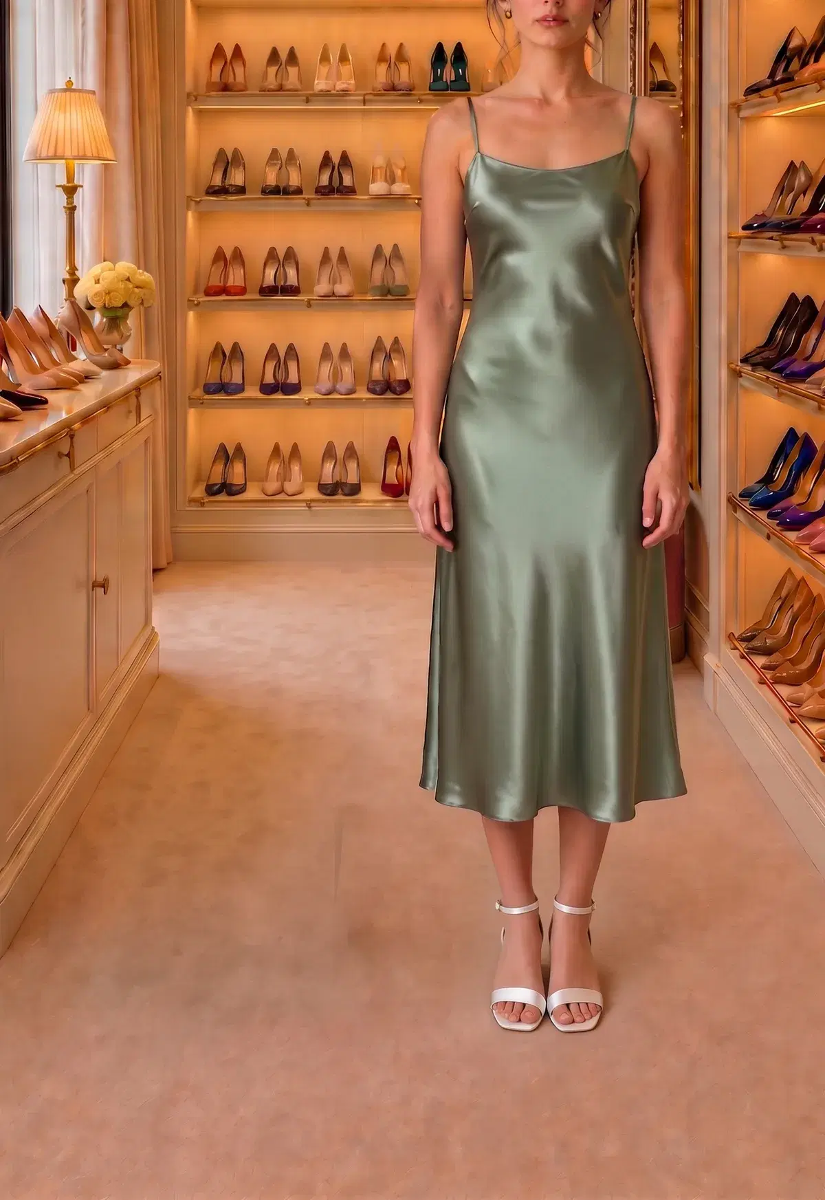 White low block-heel sandals under a sage satin slip dress
