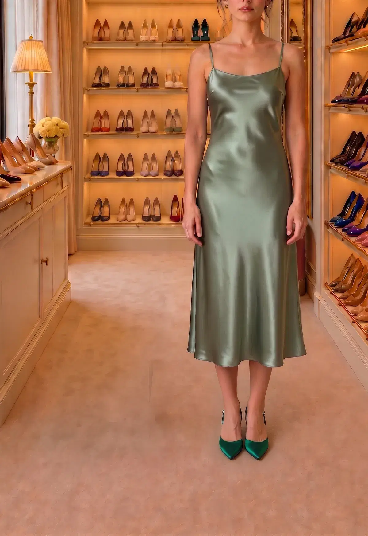 Emerald satin slingback kitten heels under a sage satin slip dress