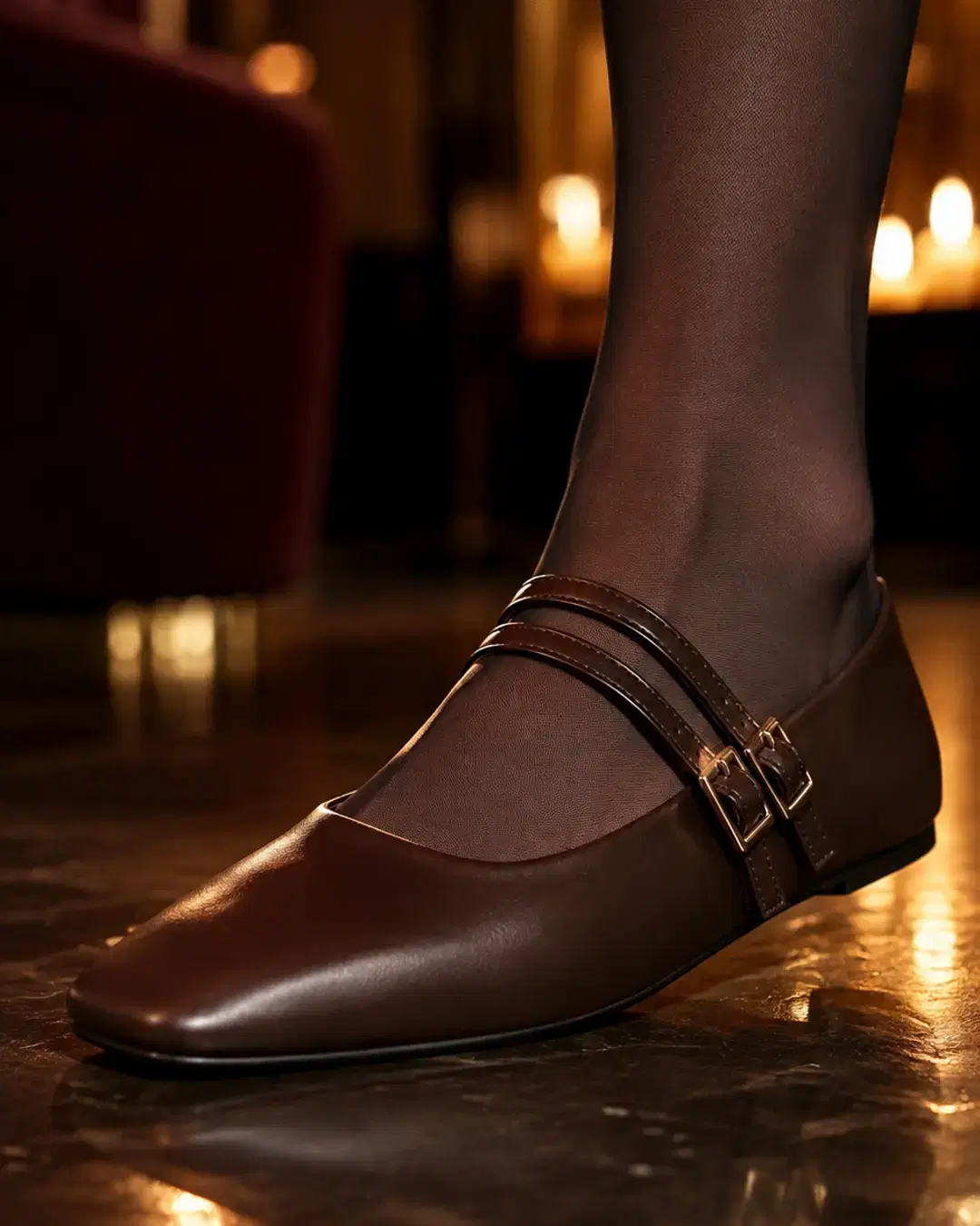 The squared toe and flat sole edge photographed at floor level