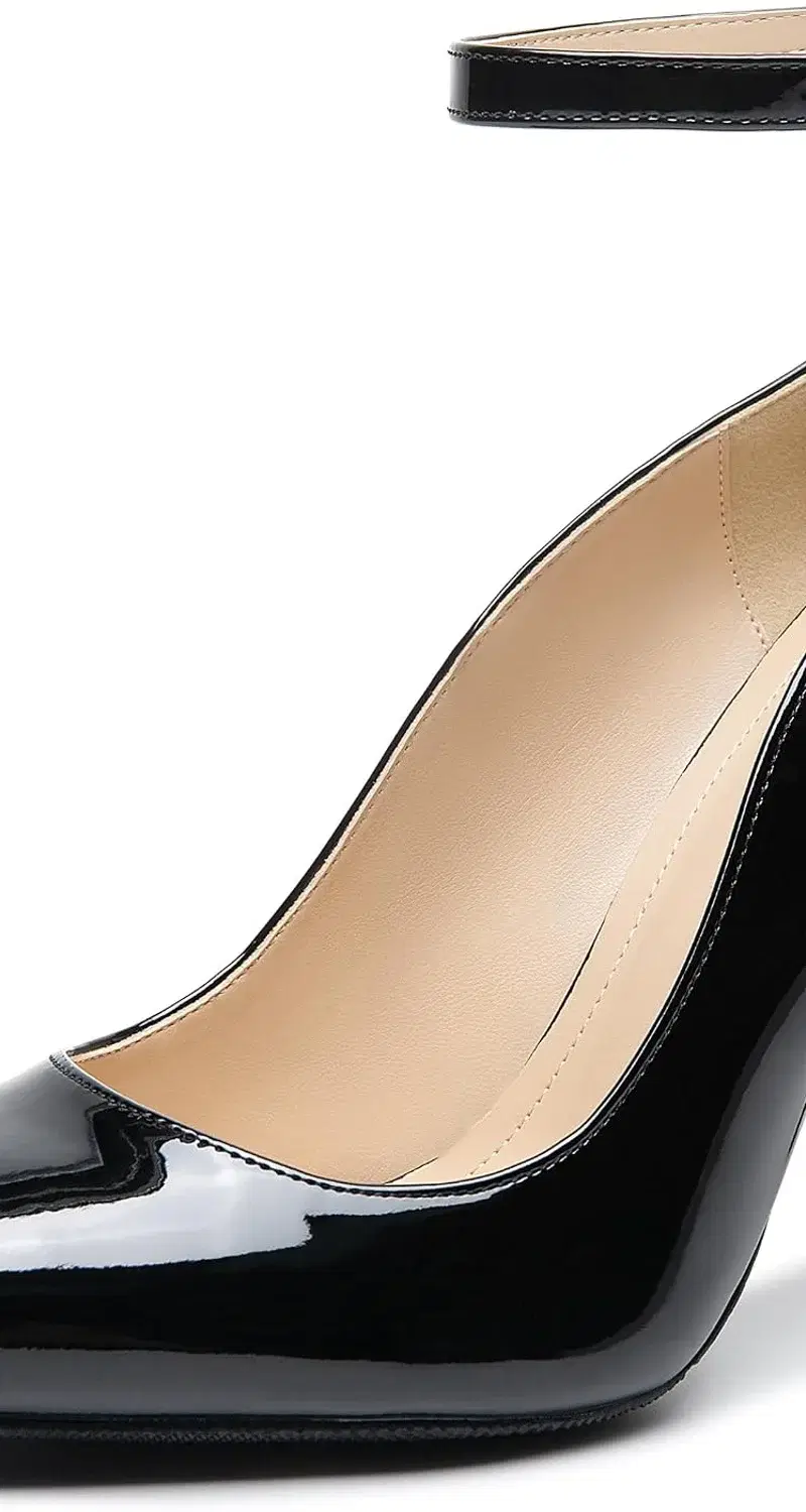 YSOHPM Ankle-Strap Pointed-Toe Pump, Black Patent