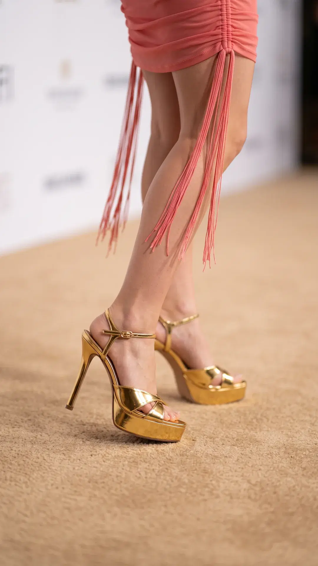 DREAM PAIRS gold crisscross platform stiletto sandal recreated in the same event scene