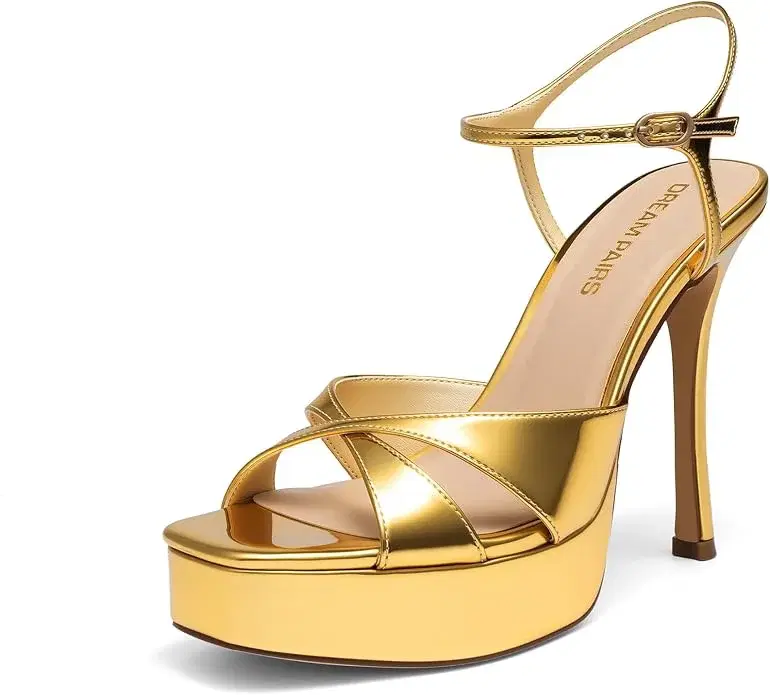 DREAM PAIRS Crisscross Platform Stiletto Sandal, Gold