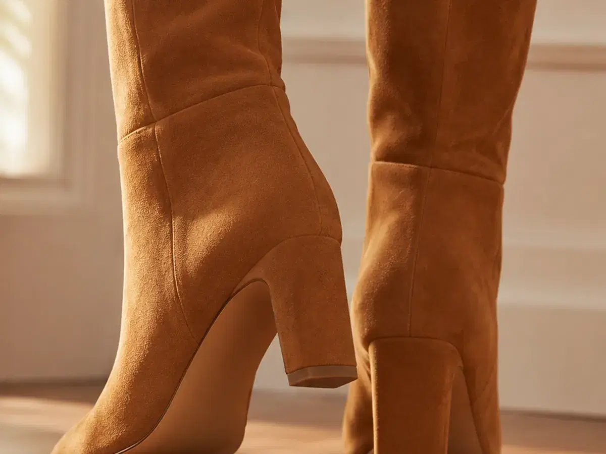 Low three-quarter view of the slim rectangular block heel on a warm wood floor