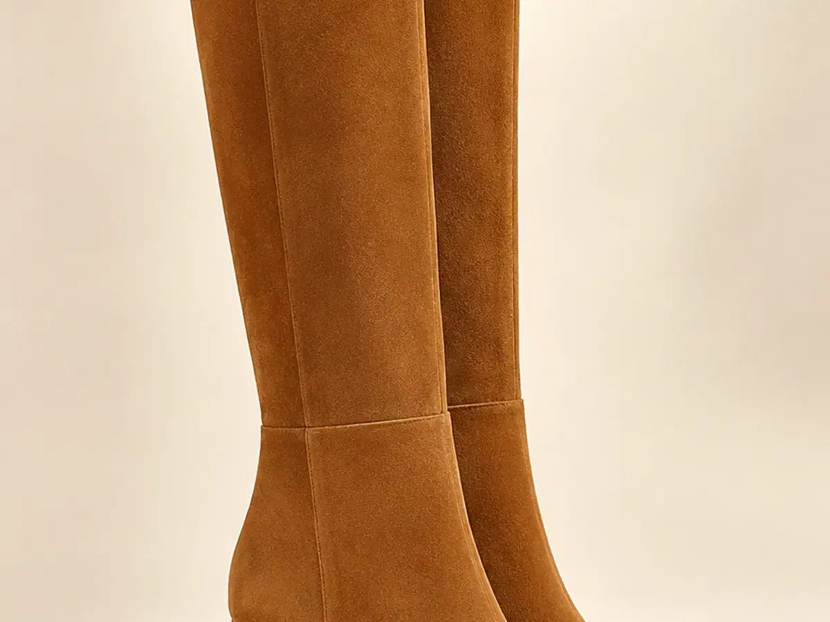 Studio side profile showing the full knee-high shaft, square toe and block heel