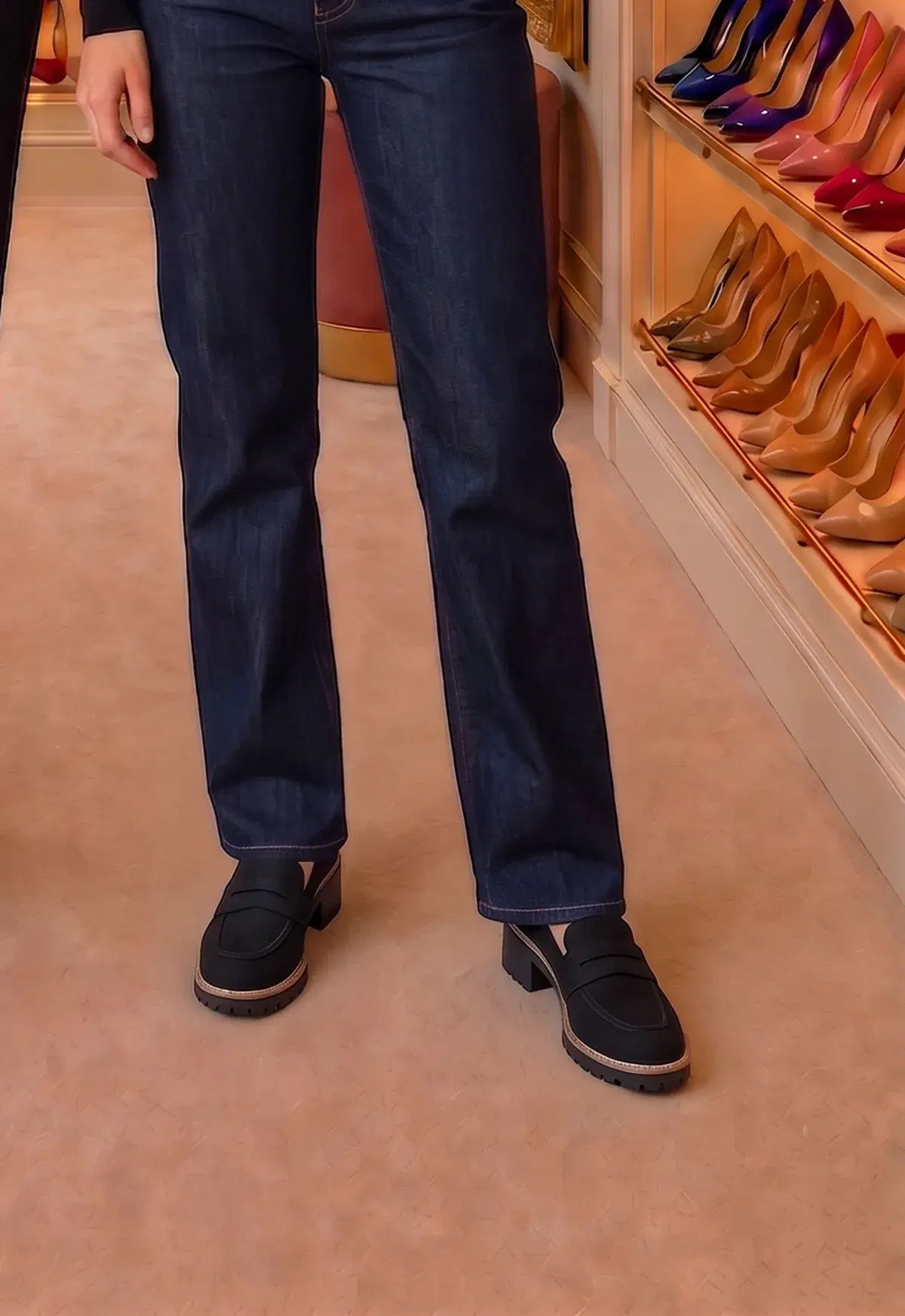 Black penny loafers under dark straight-leg jeans