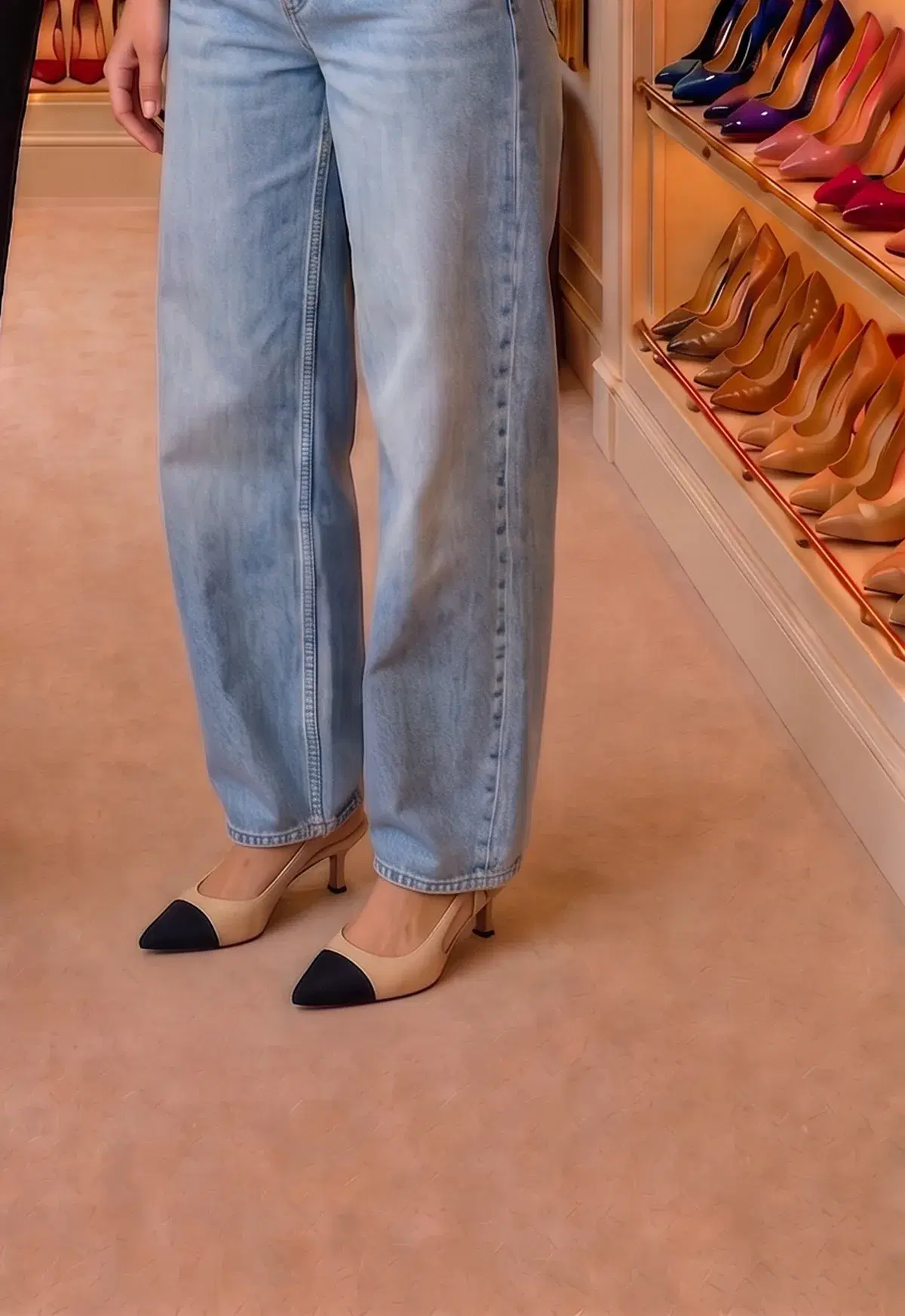 Beige two-tone slingbacks with a black cap toe under light wide-leg jeans