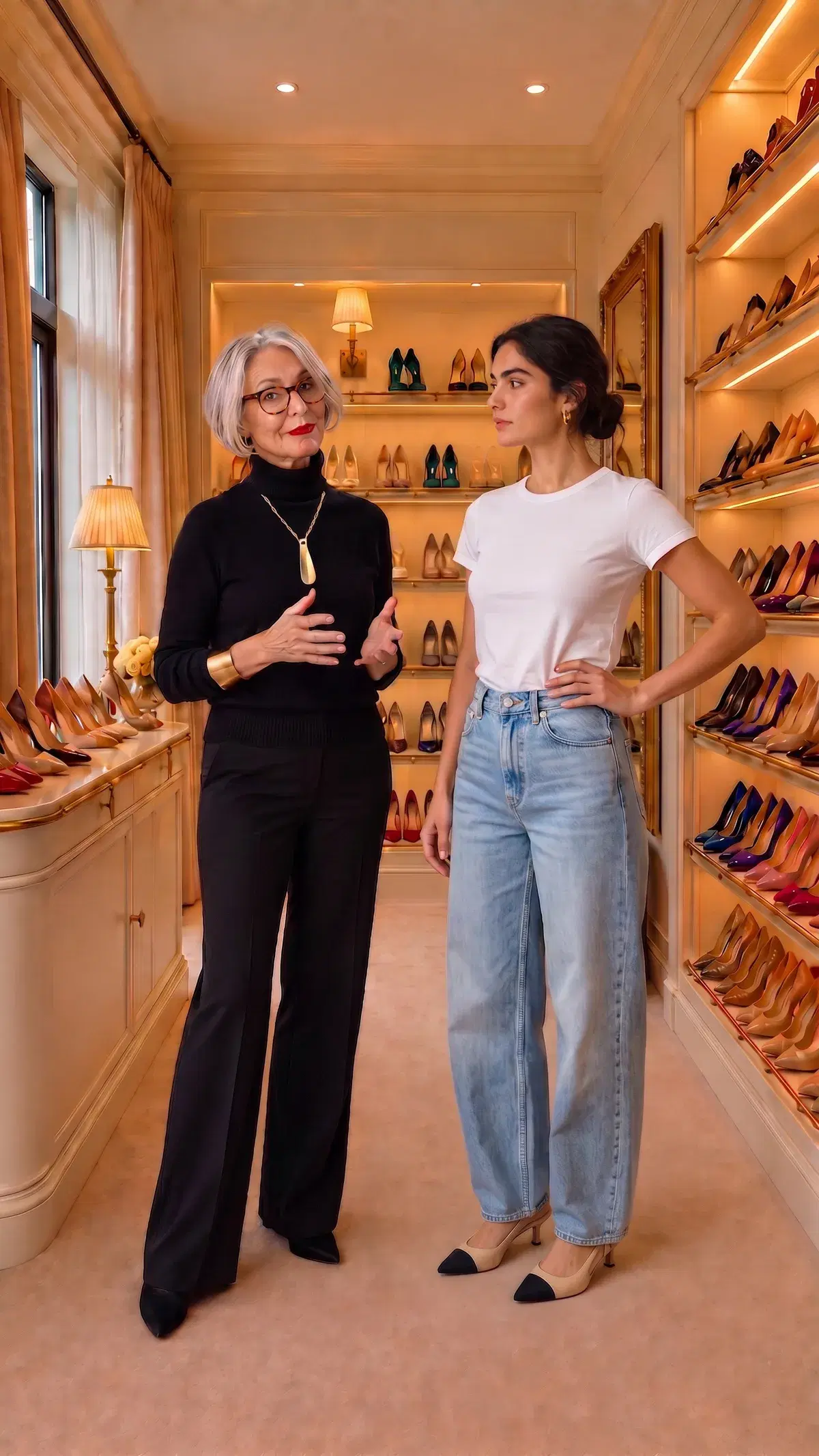 Wide-leg jeans with a two-tone cap-toe slingback