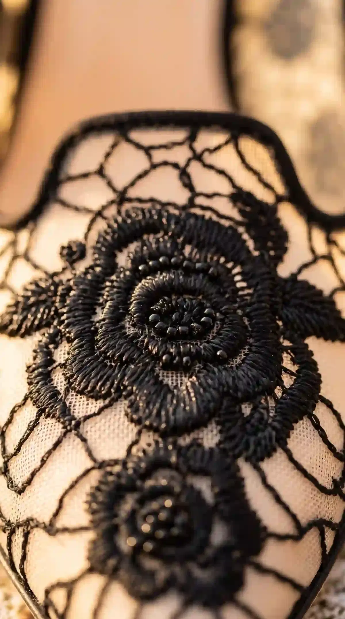 Macro of black embroidered web and roses over pale nude mesh on a pointed stiletto pump