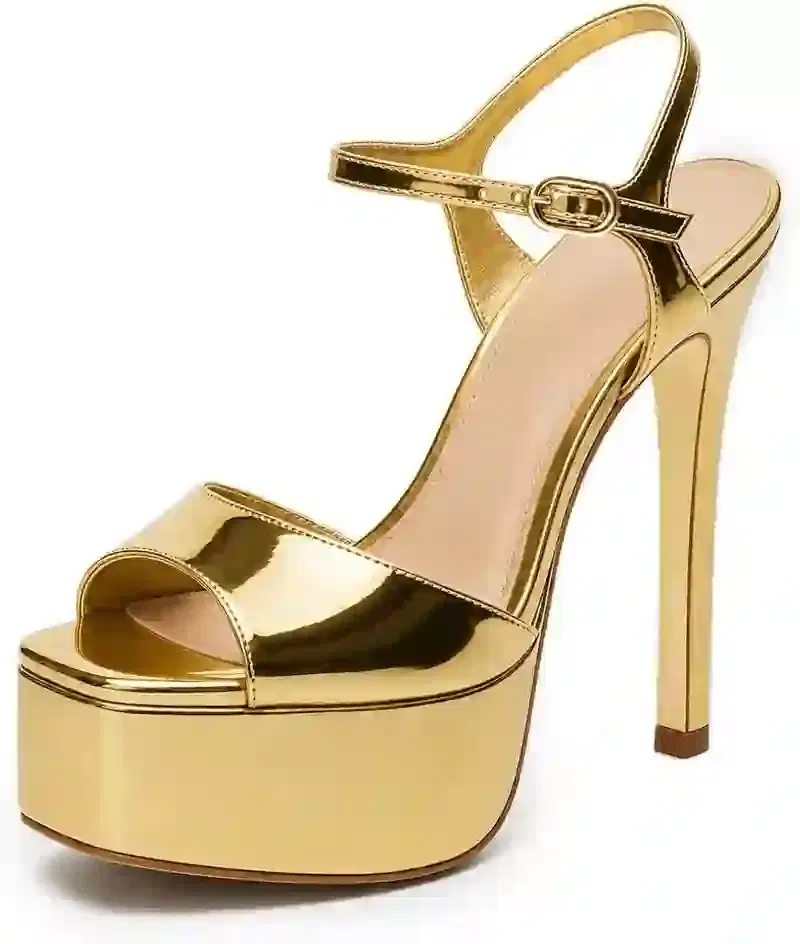 UBWDU Gold Platform Stiletto Sandal, Square Open Toe