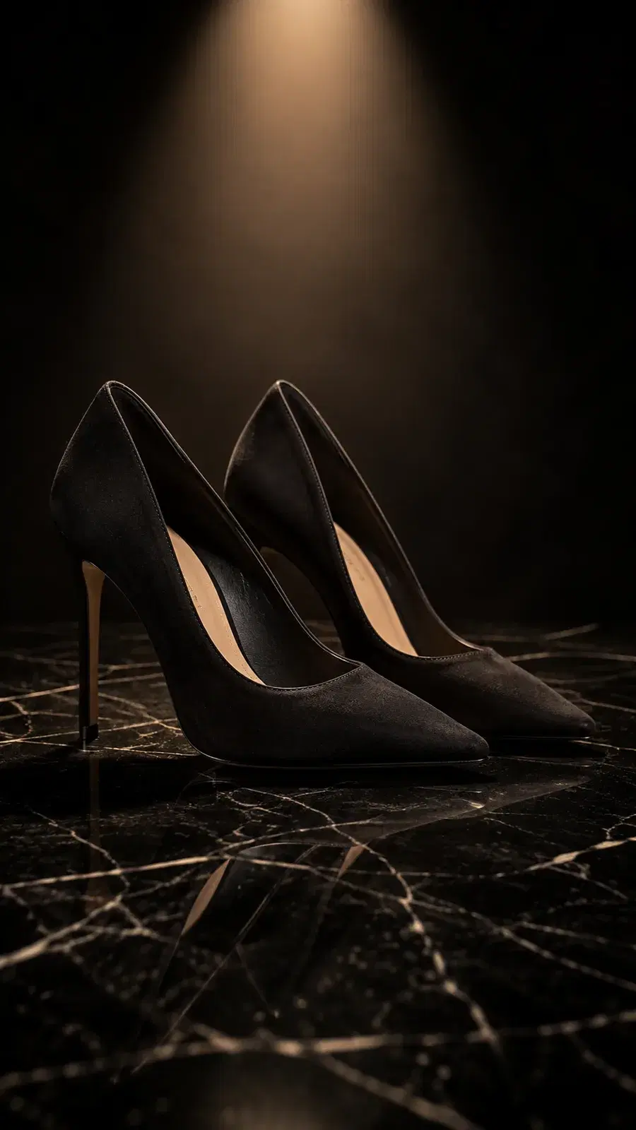 Schutz Lou black suede stiletto pumps on black marble under a warm spotlight