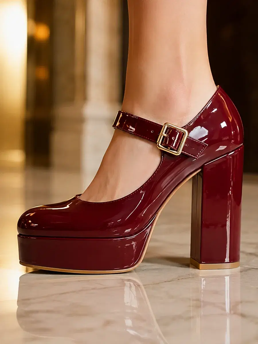 Coutgo Platform Mary Jane, Dark Red Patent