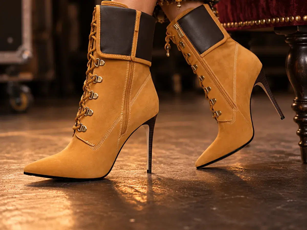Detail of the Steve Madden Morals bootie — wheat nubuck upper, gold D-rings, black folded cuff and stiletto heel