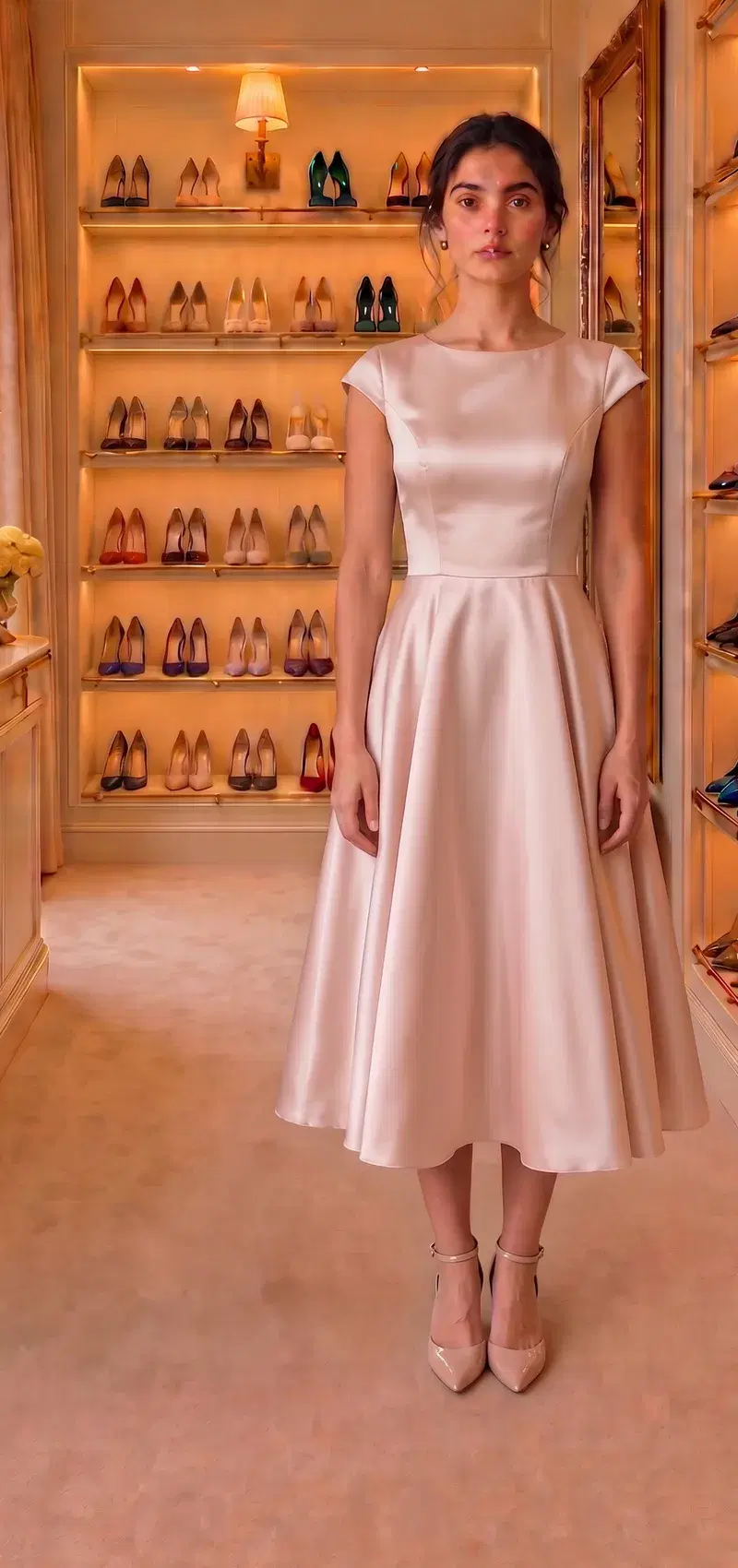 Blush satin pointed-toe pump under a pale pink satin tea-length dress