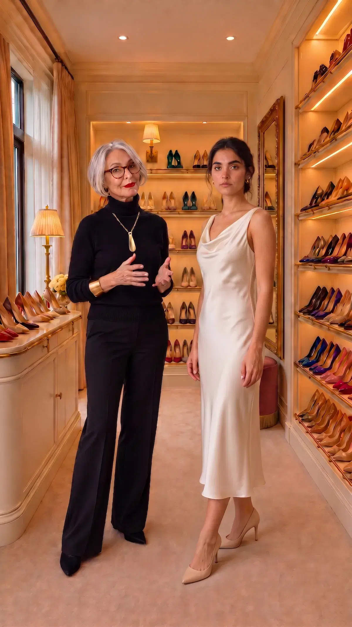 The ivory midi dress with the nude pointed pump