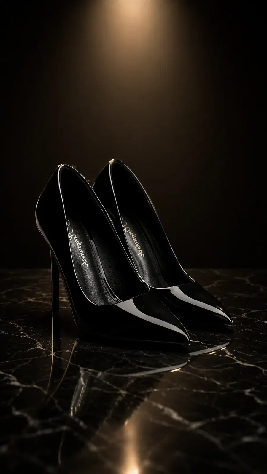 The $39 Amazon black stiletto pumps on black marble under the same warm spotlight
