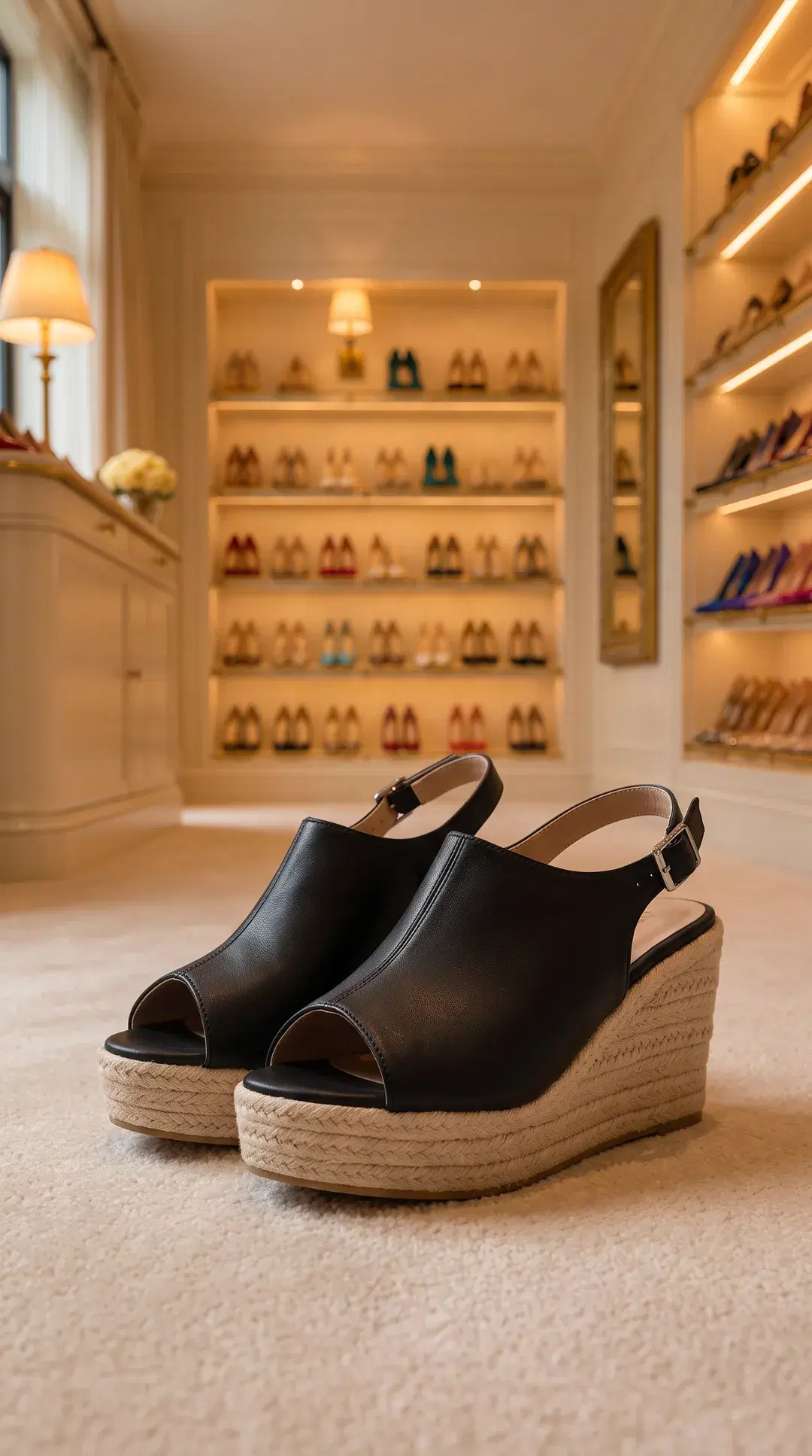 Black espadrille wedge sandals with a jute platform