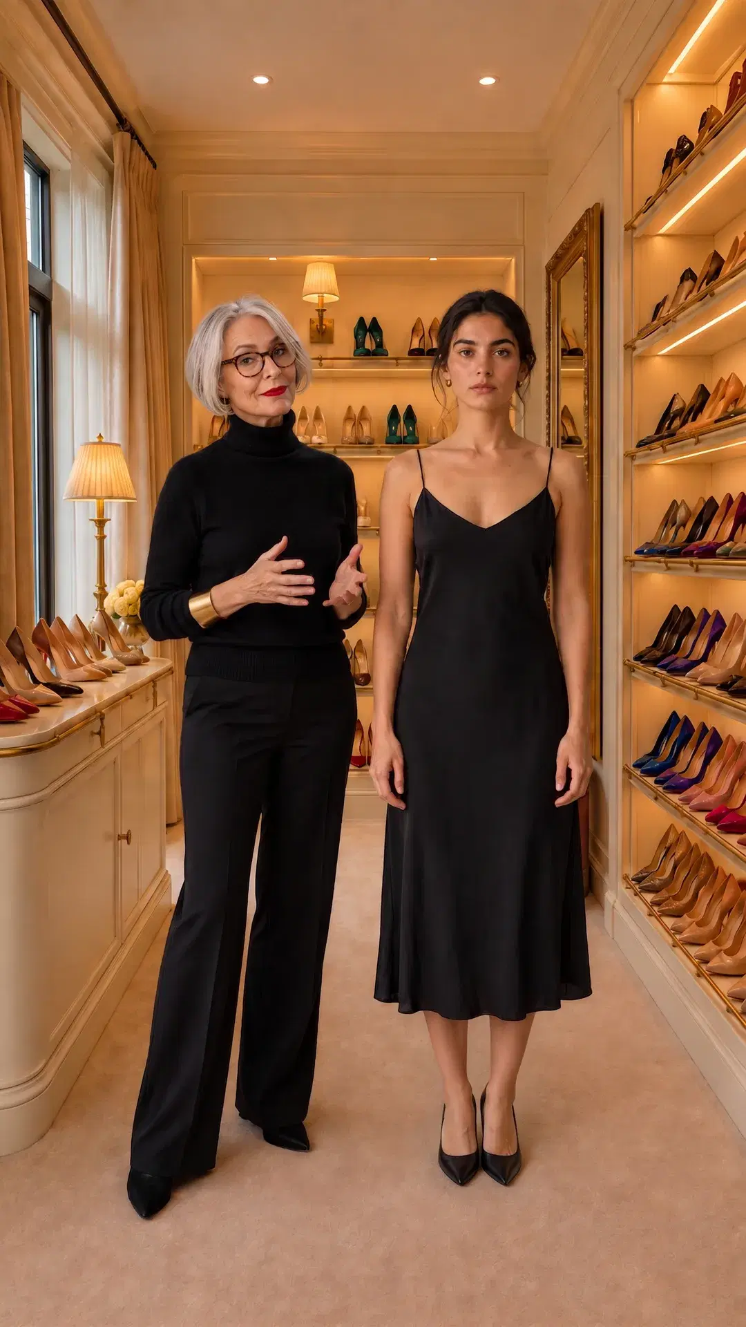 The black slip dress with the classic pointed pump