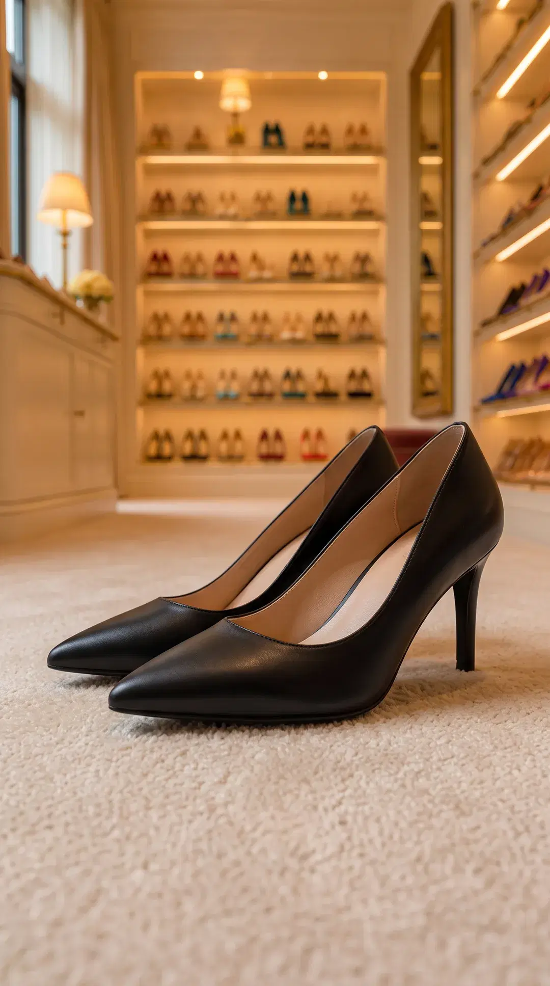 Classic black pointed-toe pumps on the salon carpet