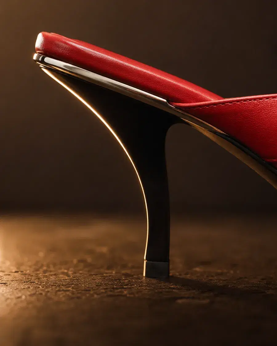Macro detail of the sculpted, silver-tipped heel on the Gucci Vittoria sandal