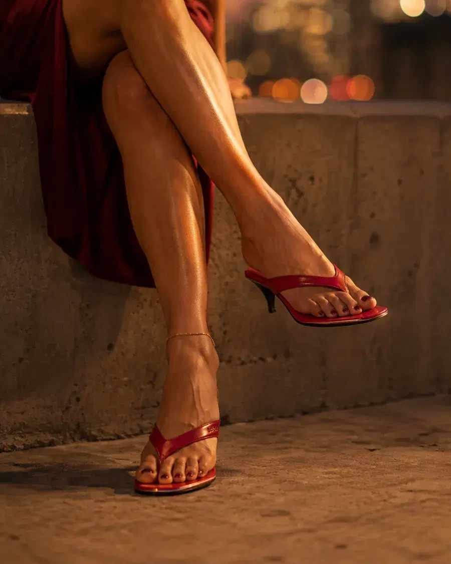 Red Gucci Vittoria thong sandals worn on a rooftop terrace at dusk