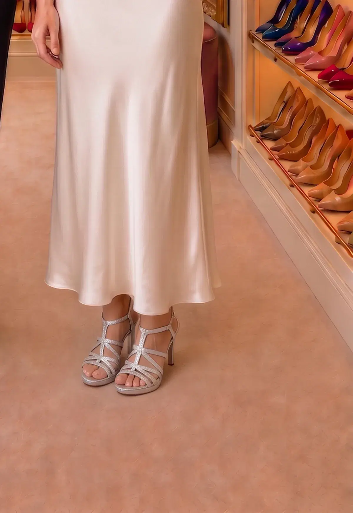 Silver strappy T-bar sandals under an ivory silk column gown