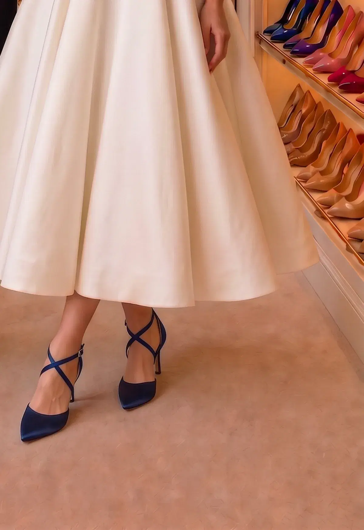 Navy satin pointed pumps under an ivory tea-length dress
