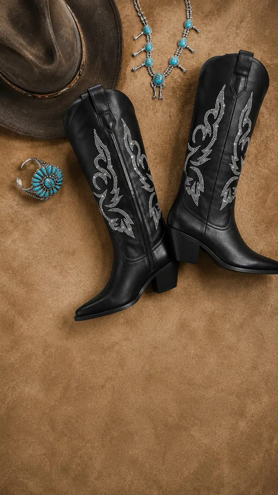 Black western boots flat-lay with cowboy hat and turquoise jewelry